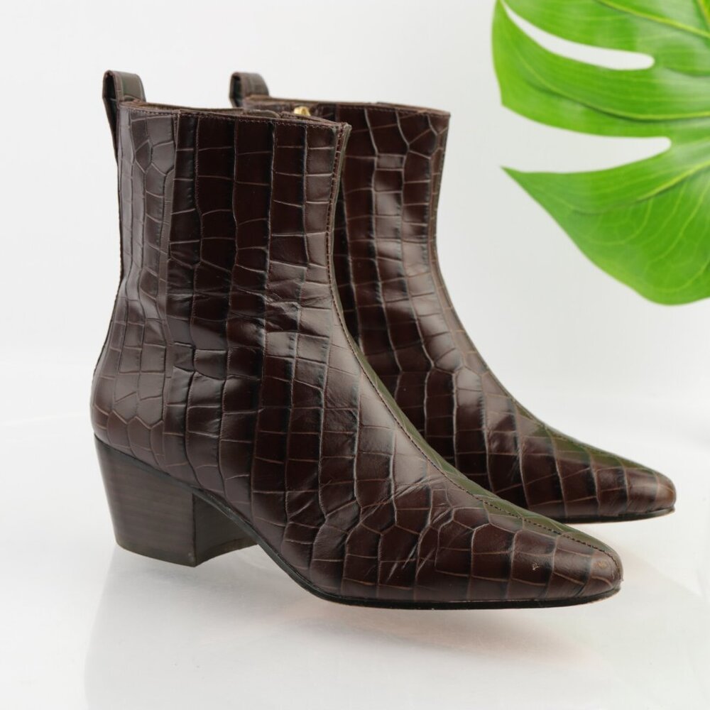 J Crew Womens Boots Size 7 Brown Leather Croc Block Heel Pointed Western Booties